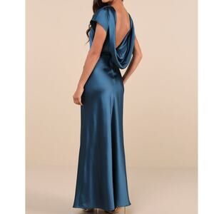 Lulus NWT Captivating Presence Dark Teal Satin Cowl Back Maxi Dress Medium